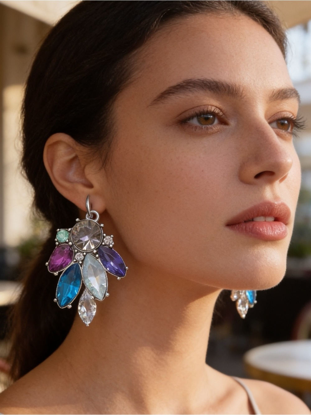 Vintage-Inspired Amethyst & Teal Crystal Cluster Drop Earrings